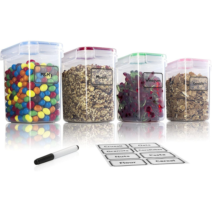 TNM Storage Container Set (4x1.6L), Airtight Food Storage Boxes for Kitchen - Plastic Containers with Lids, Cereal Dispenser & Freshness Containers, BPA-free Plastic, Storage for Noodles, Cereal, Rice, Flour - Coloured Food Container 1.6l