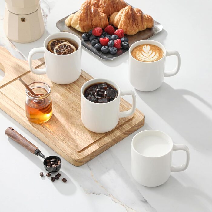 Набір чашок для кави MALACASA LUNA, 6 шт., 300 мл, порцеляна. Підходять для кави, чаю, соку, лате, капучино, какао. Можна мити в посудомийній машині та використовувати в мікрохвильовці. Серія LUNA, білий колір.