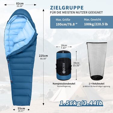 Спальний мішок для дорослих та дітей, легкий зимовий, Outdoor 8°C ~ -30°C для кемпінгу та альпінізму з 650 FP гусячим пухом (Блакитний, 1000г пуху)