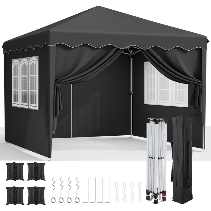 3x3 Gazebo, Waterproof Folding Gazebo Stable, Winter-Proof, UV Protection 50+, 3x3 Folding Gazebo with 4 Side Panels, Adjustable Height Garden Gazebo, Foldable Pavilion Tent for Camping, Parties (Black)