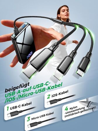 Повербанк 26800mAh з швидкою зарядкою USB-C та кабелем 3-в-1, Dual-LED ліхтарем, чорний — зовнішній акумулятор для iPhone 17/16/15, Samsung S26/S25, Xiaomi