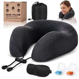 Подушка для подорожей Kobete з ефектом пам'яті (Memory Foam) для шиї, набір для сну в літаку, авто та поїзді: з 3D-маскою, берушами та сумкою, чорна