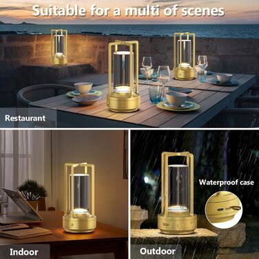 LED-лампа настільна бездротова Hapfish, 3000mAh, USB, кришталь, водонепроникна, з ручкою, диммування, для ресторану, вулиці, спальні, вітальні (Золота)