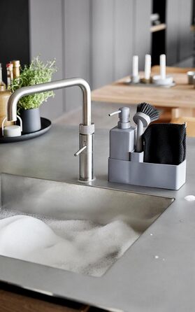 Zone Denmark Dishwashing Set, Dish Organizer with Soap Dispenser/Dish Soap Dispenser, Dishcloth and Dish Brush, 19 x 6 x 20.5 cm, 4-Piece Set, (0.4 liters, Cool Grey)