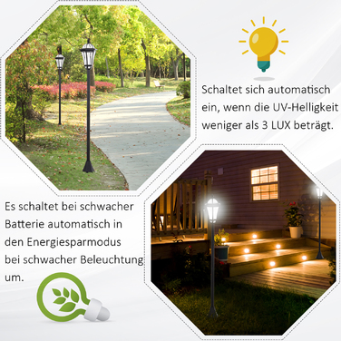 Outsunny 2-St Solar Street Light LED, IP44, ABS, Ø18.5 x H129 cm, Energy Saving Mode, Waterproof, Garden Light with Stainless Steel, Black | Aosom