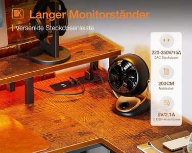 ODK L-Shaped Desk with Drawers, Reversible Corner Desk with LED & Power Strip, Large 189.3x100cm (Vintage Brown)