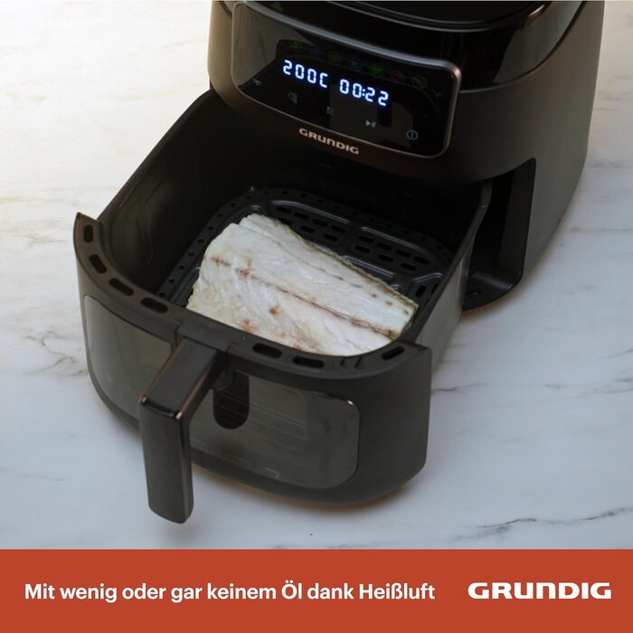 Аерофритюрниця Grundig FRY 7320, 7,6 л, 1750 Вт, сенсорний дисплей, велике оглядове вікно, регулювання температури і часу, антипригарне покриття, кошик для посудомийки, чорна