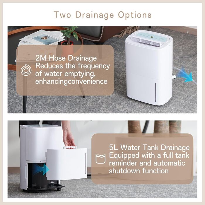 Електричний осушувач повітря 70л/день з авторежимом та шлангом для підключення. Ідеально для підвалів, ванних кімнат, спалень до 150㎡. Осушувач з цифровим дисплеєм, захистом від плісняви, 360° колесами, тихий 40dB, білий
