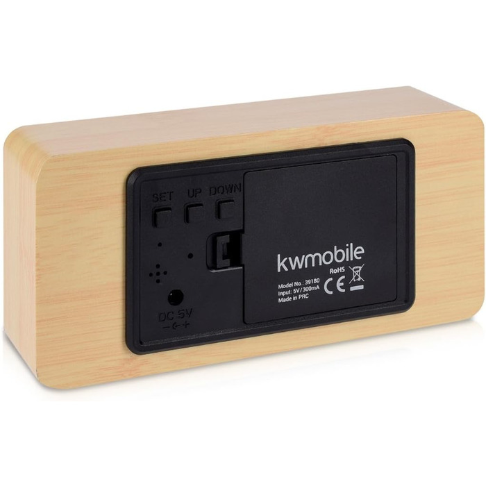 kwmobile Wooden-Look Digital Alarm Clock - Digital Clock with Time, Temperature, and Date Display - Alarm Clock with USB Cable in Birch with White LEDs