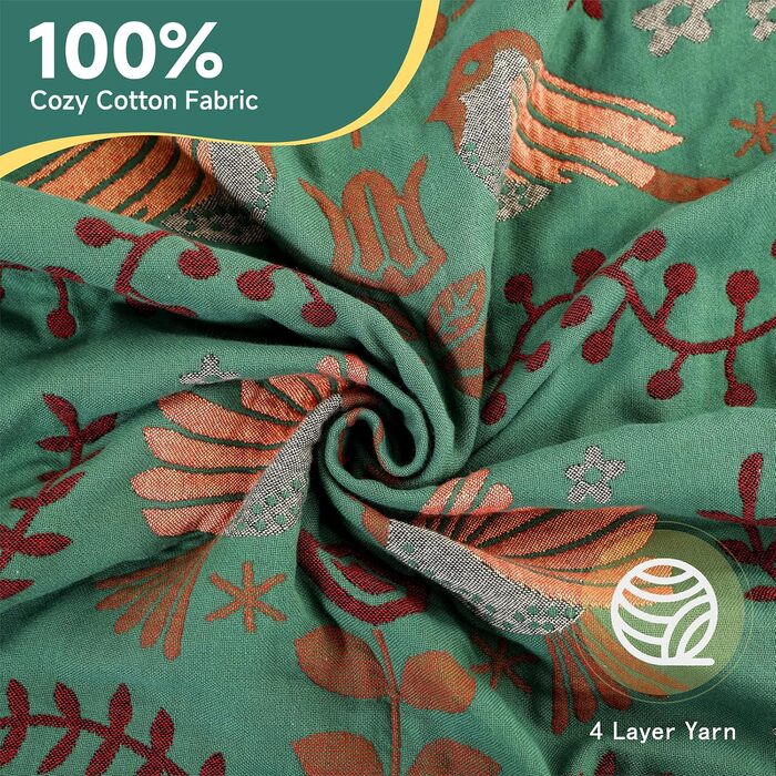 HOORDRY Boho Throw Blanket for Bed - 100% Cotton Ultra Soft Rustic Quilt - Bird Floral Printed Farmhouse Decor Bedspread, 200×230CM All Season Rustic Throw for Sofa Couch Chair Green Bird 200×230CM