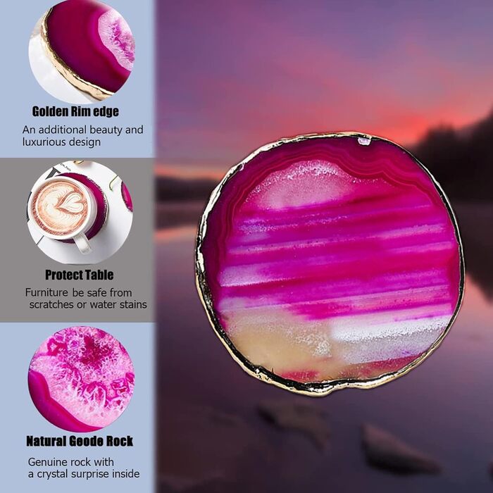 Yougoals Coasters, Geode Coasters for Drinks, Gemstone, Natural Stone, Agate Slices, Coasters, Cup Mat for Home Decoration (4 Pieces) (Pink)