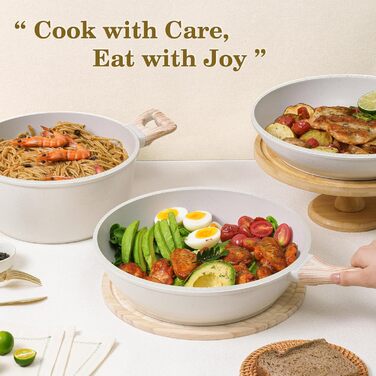 Набір каструль та сковорідок, 12 предметів, з антипригарним покриттям, індукційний, з граніту, без PFOA та PFOS, з силіконовими аксесуарами (білий)