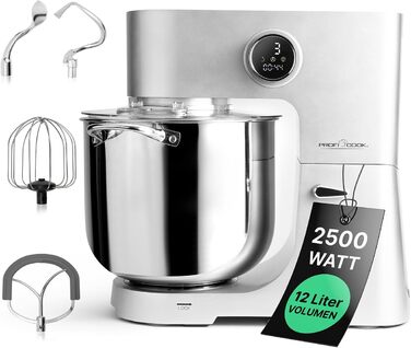 Кухонна машина ProfiCook KM 1254 з великою чашею 12л, потужний 2500W мотор, металеве редуктор та LED-дисплей | Харчовий процесор для тіста до 8,5 кг, 13 швидкостей