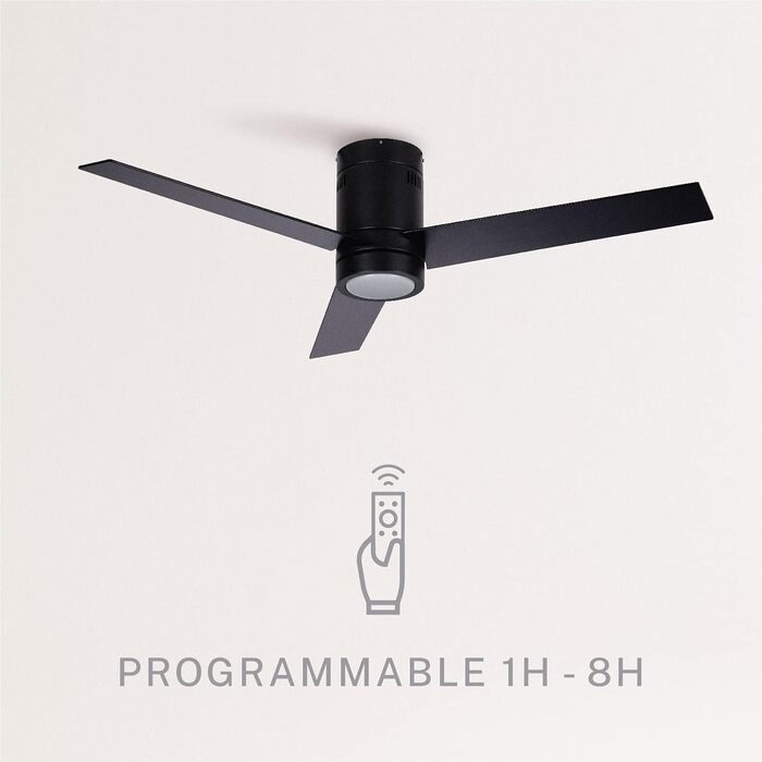 Стеляний вентилятор WINDMINIMAL білий з освітленням та пультом керування. Тихий, таймер, DC-двигун, 40W, діаметр 132 см, 6 швидкостей, режим літо/зима (чорні лопаті)