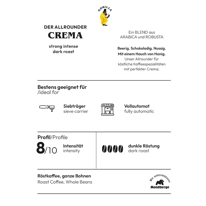 Кава в зернах Joerges GORILLA Super Bar Crema, темне обсмажування, 1 кг (набір 2 шт)
