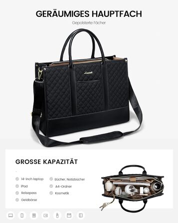 Сумка для ноутбука LOVEVOOK жіноча водонепроникна для роботи, університету, офісу (14 дюймів, чорна). Бізнес-сумка, шоппер, портфель, сумка для вчительки зі шкіри