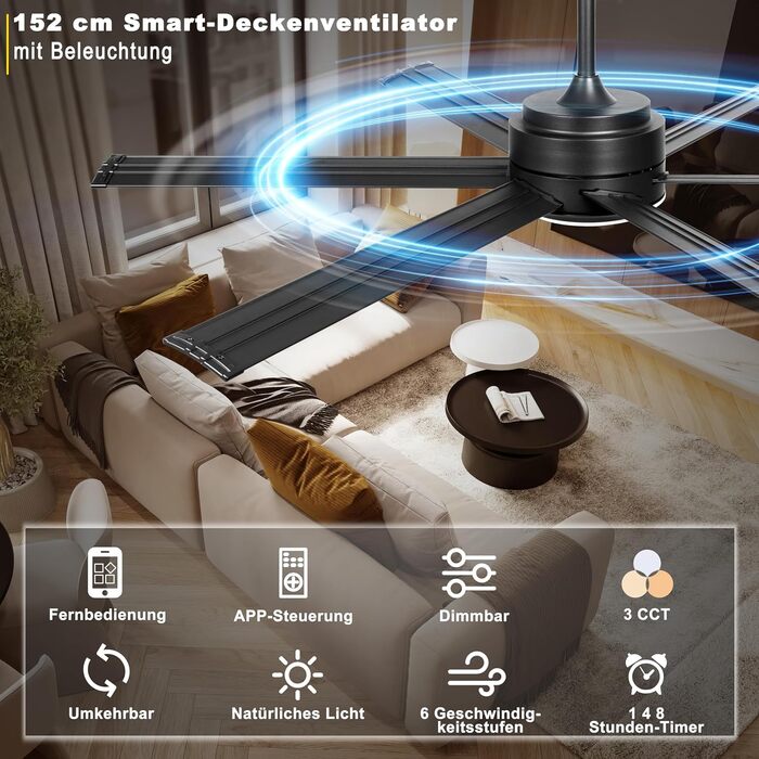 Deckenventilator Ohniyou з підсвіткою, пультом та додатком, 152.4 см (60 дюймів), регульована яскравість, DC-двигун, великий вентилятор для тераси, вітальні, чорний