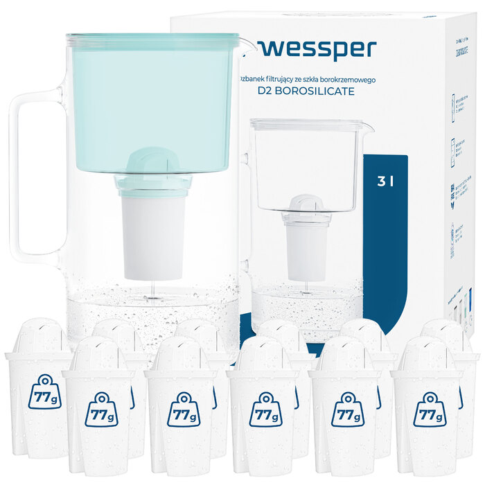 Скляний фільтрувальний глечик Wessper D2 BOROSILICATE 3л, м'ятний + 12 фільтрів
