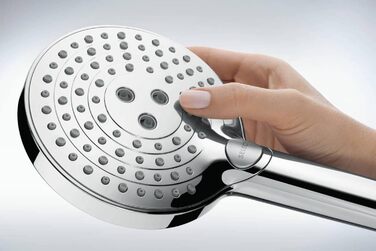 hansgrohe Raindance Select S - water-saving showerhead 9 l/min (EcoSmart), hand shower with 3 spray patterns, round shower head (⌀ 120 mm), water-saving showerhead with anti-limescale function, (showerhead incl. PowderRain + hose, Chrome, showerhead incl. PowderRain + hose)