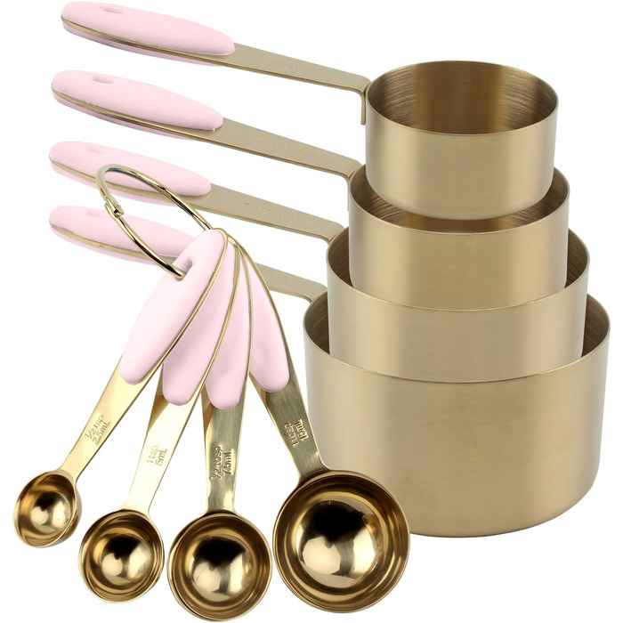 Cook with Color 8-Piece Gold Stainless Steel Measuring Cups and Spoons Set with Soft Silicone Handles, Nesting Liquid or Dry Measuring Cups