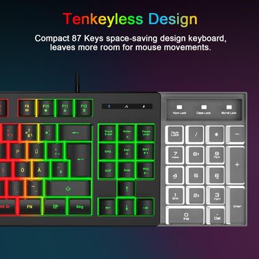 Ігровий набір клавіатури та миші, QWERTZ DE, 75% TKL, RGB, провідна, ергономічна, 4 кольори LED, великий килимок, USB, Plug & Play для ПК