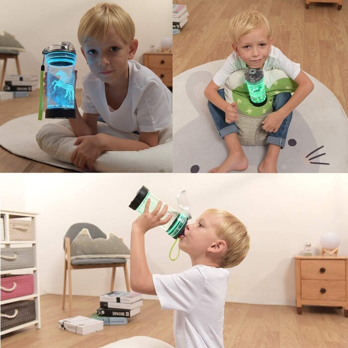 Kids' Water Bottle with 3D Glowing Turtle, LED Light – Tritan, BPA-Free, Creative, Ideal as a Travel Mug, Gift for Starting School, Girls, Boys, Picnic (Sea Turtle, 400 ml)