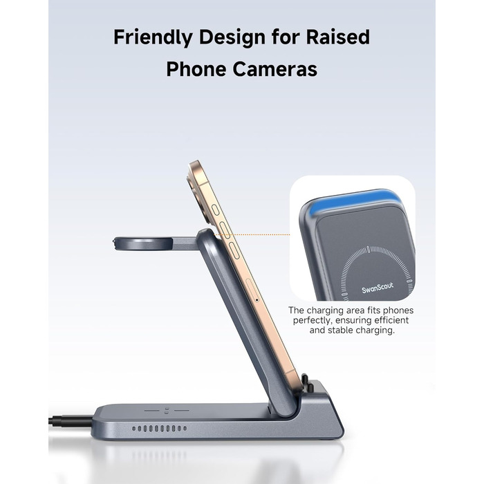 Бездротова зарядка 3-в-1 SwanScout 703A для iPhone 17/16/15/14/13/12, Apple Watch 11/10/9/8/7/Ultra та AirPods Pro 3 (Tech Grey)