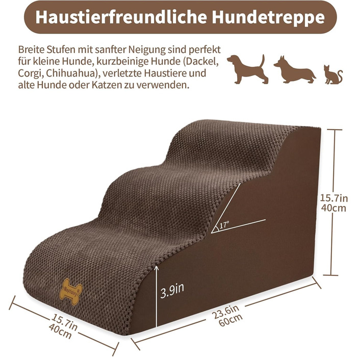 Non-slip Dog Stairs for Small Dogs 2-Step, Pet Stairs for Bed and Sofa made of High-Density Sponge, Dog Stairs Dog Ramp with Removable, Washable Cover and Non-Slip Bottom, 55x40x30cm (3 Steps Brown Dog Stairs)