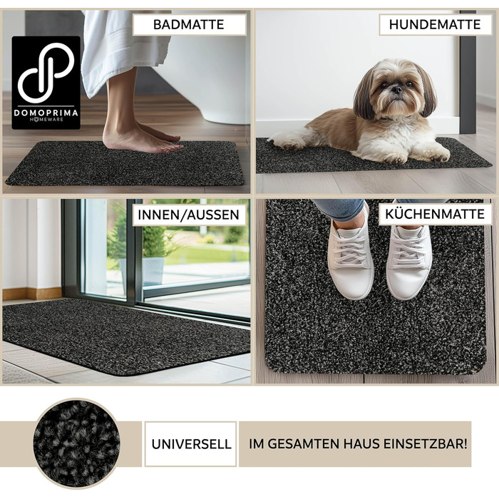Килимок для підлоги DOMOPRIMA з мікрофібри, миючий, неслизький, надзвичайно поглинаючий та плоский – антибактеріальний, для внутрішнього та зовнішнього використання (Антрацит, 60x40 см)