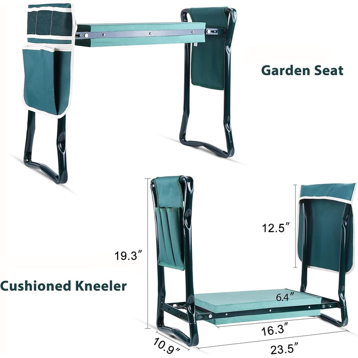 Ohuhu Kneeling Pad for Gardening, Knee Cushion, Folding Garden Stool up to 150 kg, 2-in-1 EVA Foam Cushion Garden Stool with 2 Tool Pockets, Knee Support for Gardening, Garden Bench 60x50x27 cm Green