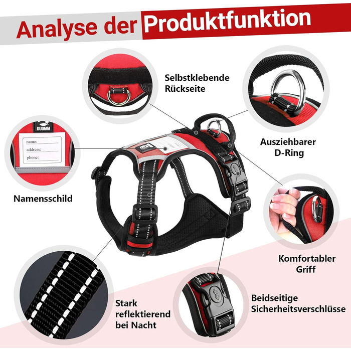 Нашийник для собак великих порід з ручкою, без обмеження грудної клітини, дихаючий, безпечний, світловідбиваючий, без поліуретану, для тренувань та активного відпочинку, Sti 2 Bau (L, червоний)