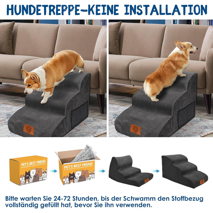 Сходинки для собак ZNM: 3-ступенева переносна драбинка для маленьких собак та котів, 40 см, чорний колір