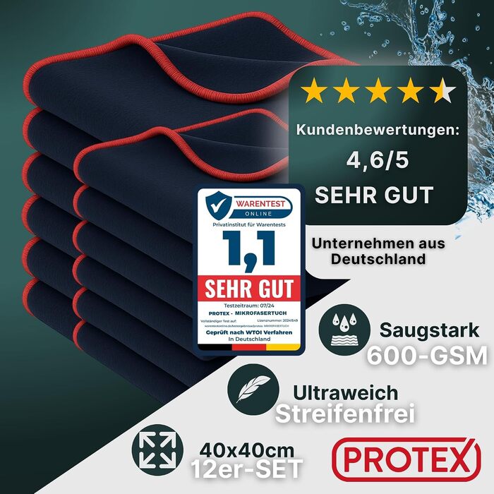 Набір мікрофібрових серветок для автомобіля PROTEX 40x40 см, 380 GSM, безворсові та м'які рушники для чистки та полірування кузова, 12 шт.