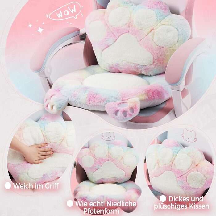 Ігровий крісло Dowinx Ergonomiczne з підніжкою, рожевий котячий дизайн, для дорослих, білий колір