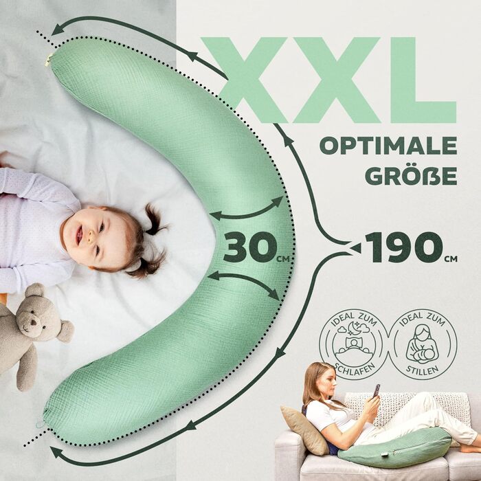Подушка для годування sei Design XXL 190x30 см з мусліновою наволочкою, ергономічна, для вагітних, для сну на боці, комфортна подушка для дорослих, наволочка з 100% бавовни [органічна бавовна]