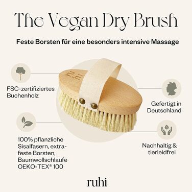 RUHI Body Brush/Dry Brush VEGAN/ 100% Natural Sisal Bristles (HARD)/ handcrafted in Germany, FSC-certified beechwood & plastic-free for dry brushing massage (dry brush) against cellulite
