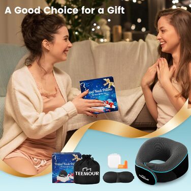 Подушка для шиї у літак з Memory Foam, 360° підтримка, з чохлом, маскою для очей та берушами, регульована подушка для подорожей (Чорний)
