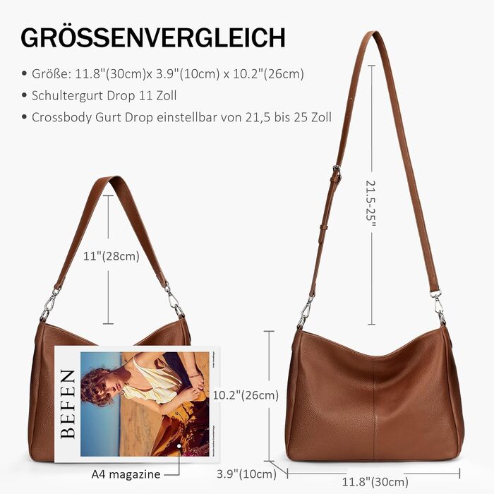 Сумка жіноча шкіряна Befen Shopper Hobo середнього розміру, коричнева (A-braun) з 2 ремінцями