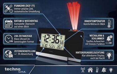 Радіокерований будильник-проектор Technoline WT 536 з проекцією часу, термометром, функцією Snooze та підсвіткою, чорний