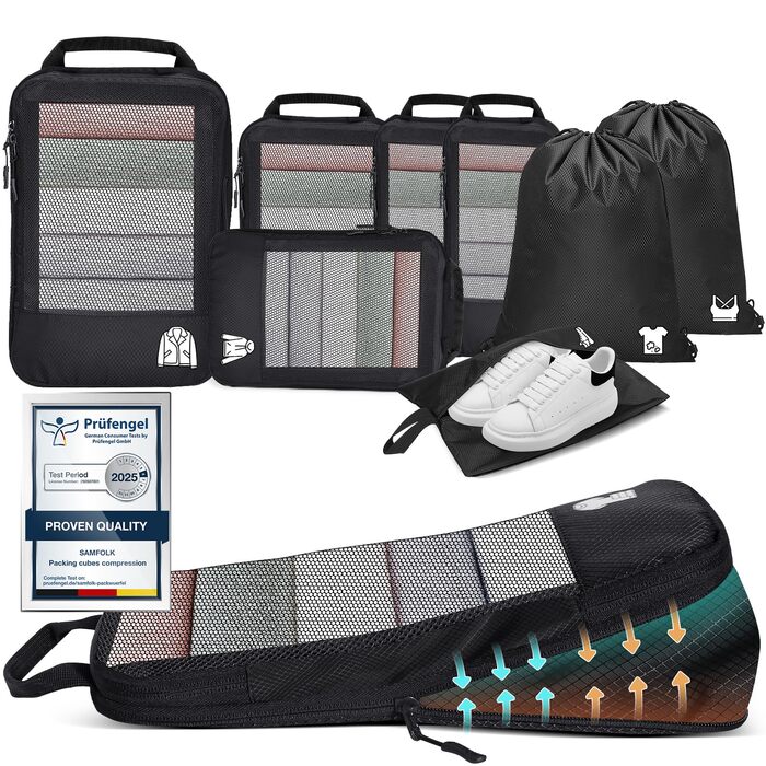 8-ми комплект кубиків для компресії багажу, органайзер для валізи, чорний. Організація подорожей, рюкзак, валіза.