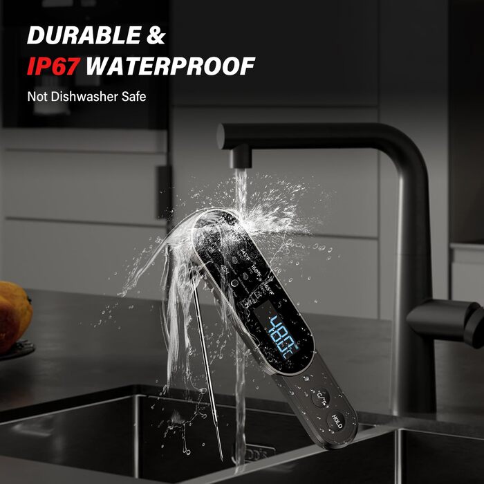 Бездротовий термометр для м'яса з миттєвим зчитуванням, ±0.3°C, IP67, для приготування на грилі, барбекю, кухні. Термометр для м'яса з LCD екраном