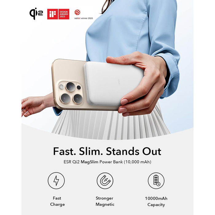 Power Bank ESR MagSafe 10000mAh, QI2, Бездротова Магнітна, 15W, USB-C, для iPhone/Pixel, Білий