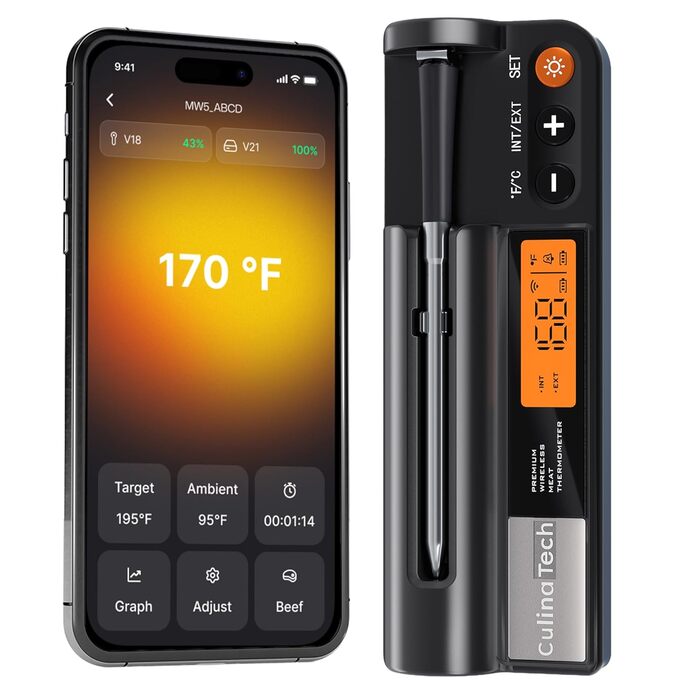 Цифровий термометр для м'яса з LCD-дисплеєм, дальність 213 м, подвійний датчик (внутрішня та навколишня температура), термометр для гриля (яловичина, баранина, індичка), чорний