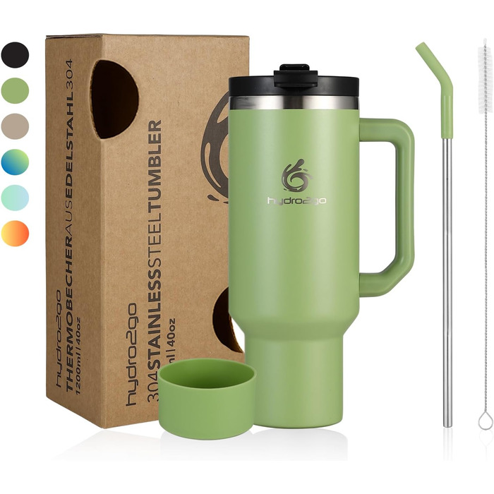 Термокружка Hydro2Go з трубочкою – BPA-free, придатна для миття в посудомийній машині, 10 год гаряче/12 год холодне, для приготування напоїв на винос (Green Tea, 1200 мл)