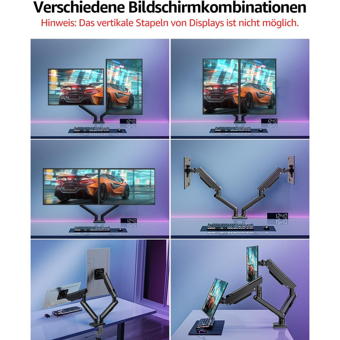 Тримач для монітора ELIVED EV6012W для 2 моніторів (13-32 дюйми), чорний, VESA 75/100mm, газ-амортизатор, регульований