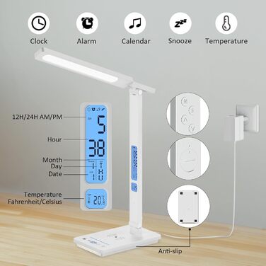 LED лампа настільна YAMYONE з бездротовим зарядним пристроєм та USB-портом, 5 кольорів, регулювання яскравості, нічник, годинник, термометр, для офісу та навчання, білий колір