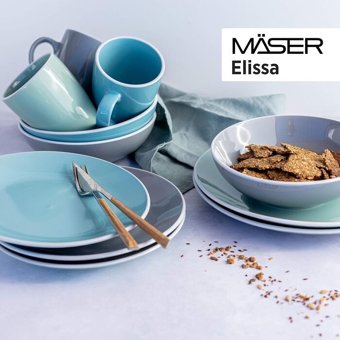 MÄSER 931844 Elissa Series Modern Dinnerware Set for 6 People in Blue with White Rim, 24-Piece Combination Service, Stoneware