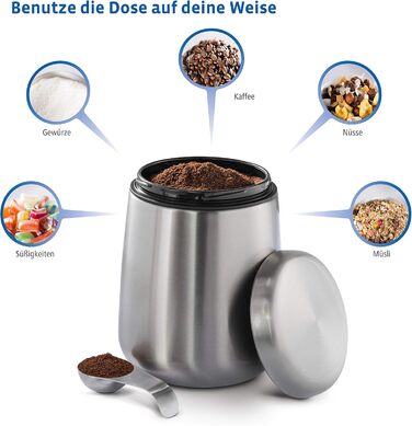 Stainless Steel Coffee Canister 500g (airtight stainless steel canister including magnetic measuring spoon in the lid, anti-fingerprint coffee container, coffee box for storing 500g of ground coffee/beans) silver