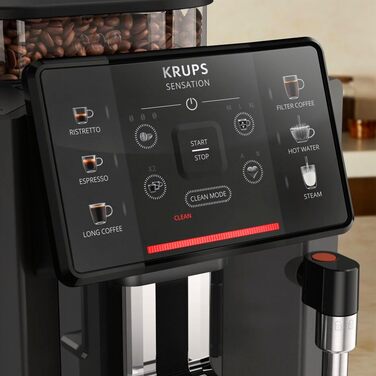 Krups Sensation Fully Automatic Coffee Machine, Milk Frother, 5 Drinks, Filter Coffee Function, 2-Cup Function, Coffee Machine, Black, EA910810 Single