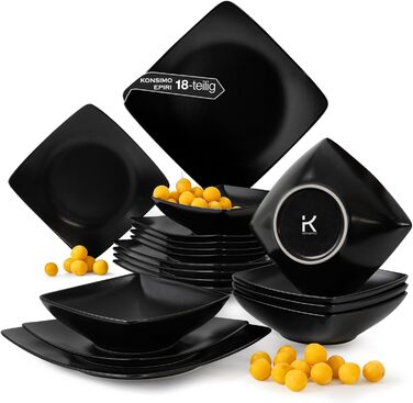 Набір посуду Konsimo для 6 осіб: 18-ти частинний набір тарілок EPIRI - сучасний сервіз з чорного матового фарфору для сім'ї